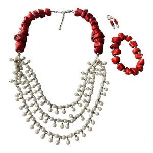 Exotic vintage coral and pearl necklace bracelet earring set 925 silver